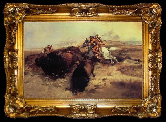 framed  Charles M Russell Buffalo Hunt, ta009-2